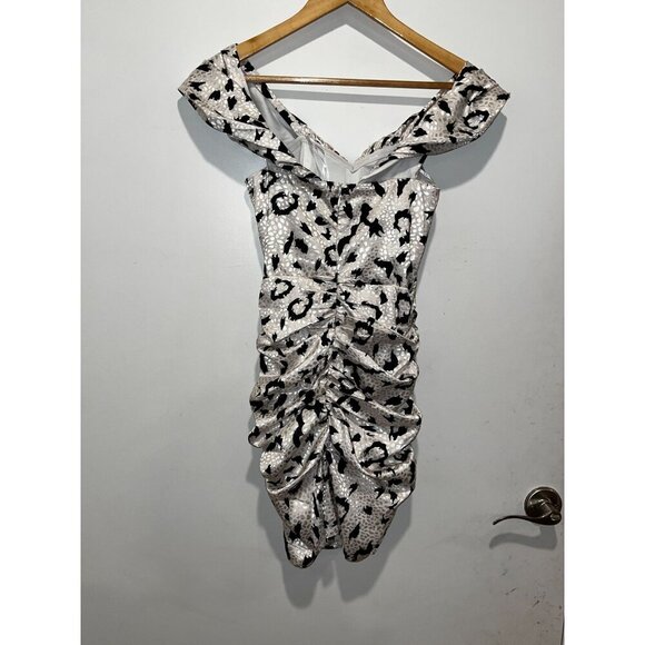 Lulus It's Fierce Ivory Leopard Print Satin Off-the-Shoulder Dress Women's Size - Picture 5 of 11